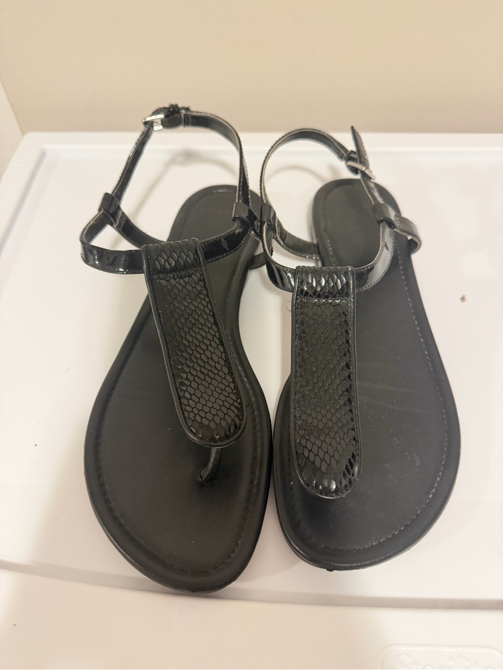 Cole Haan Black T-Strap Snake-Embossed Sandals